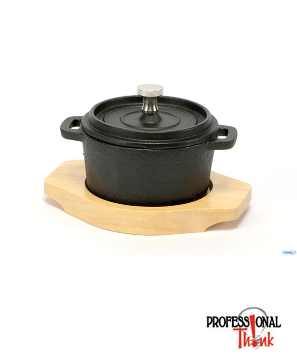 Cocotte Tonda con coperchio in Ghisa cm 10 con base in legno